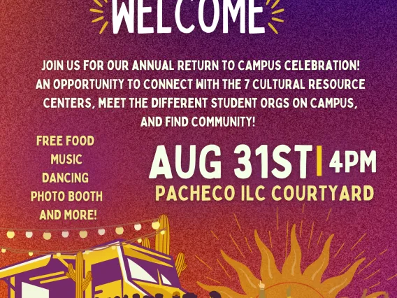 Flyer with a line of people at a food truck again an orange and purple background