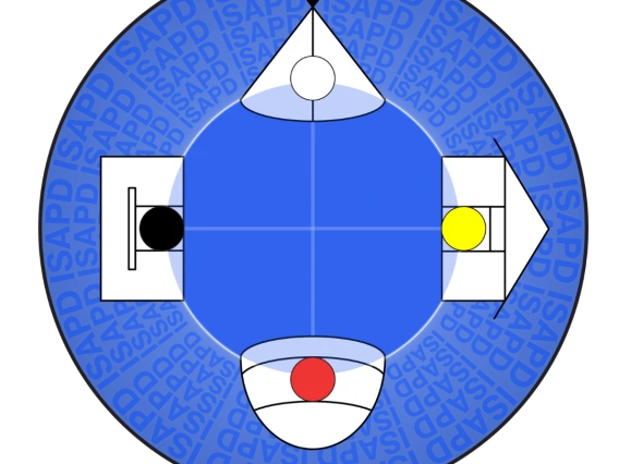 Blue circle logo with four different types of architectural structures from Indigenous to modern designs. Structures are oriented in the four directions.