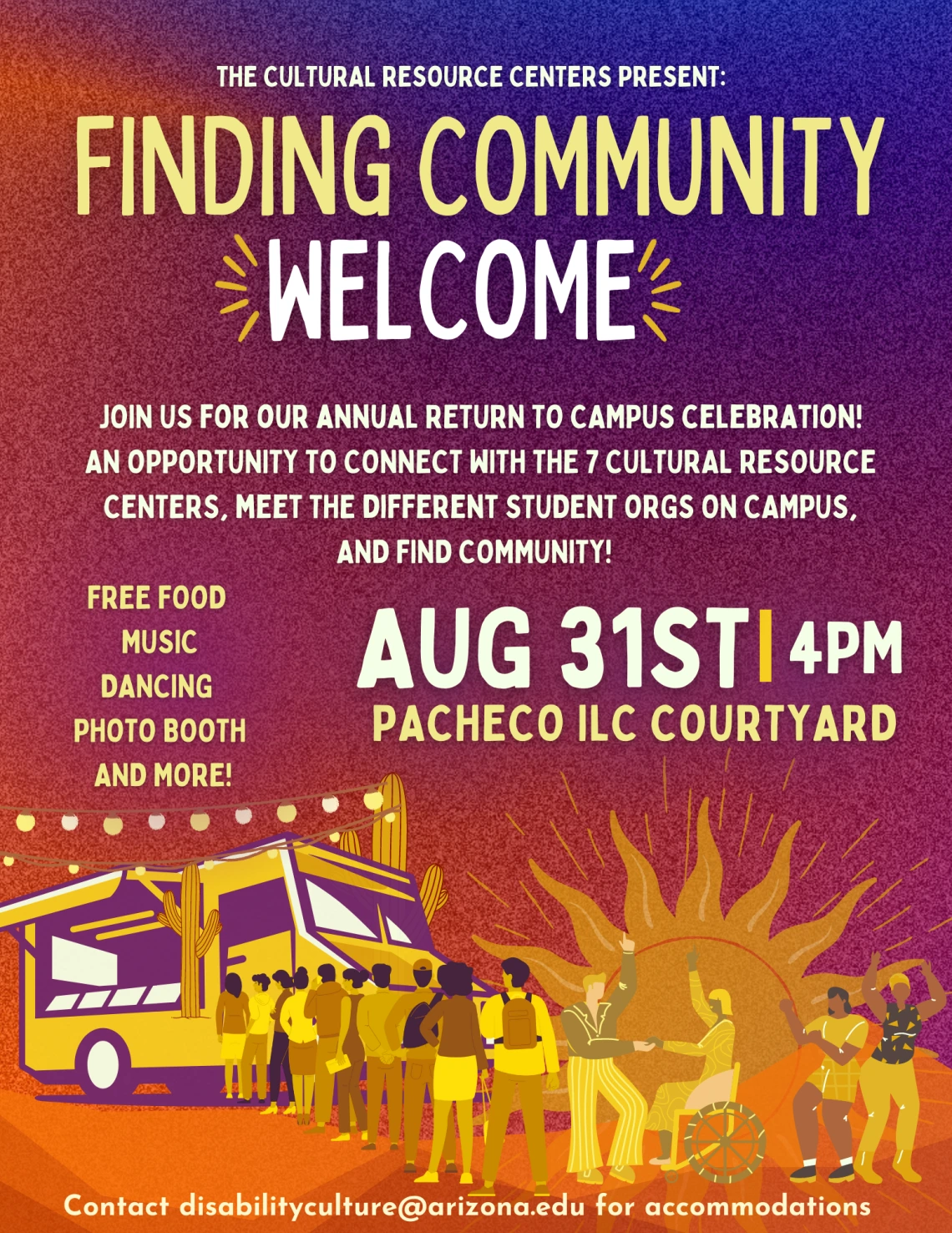 Flyer with a line of people at a food truck again an orange and purple background