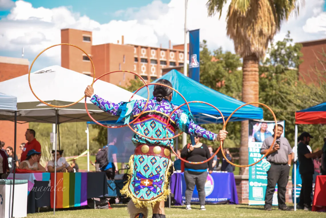 Kevin Duncan providing a hoop dance during Indigenous Peoples' Day